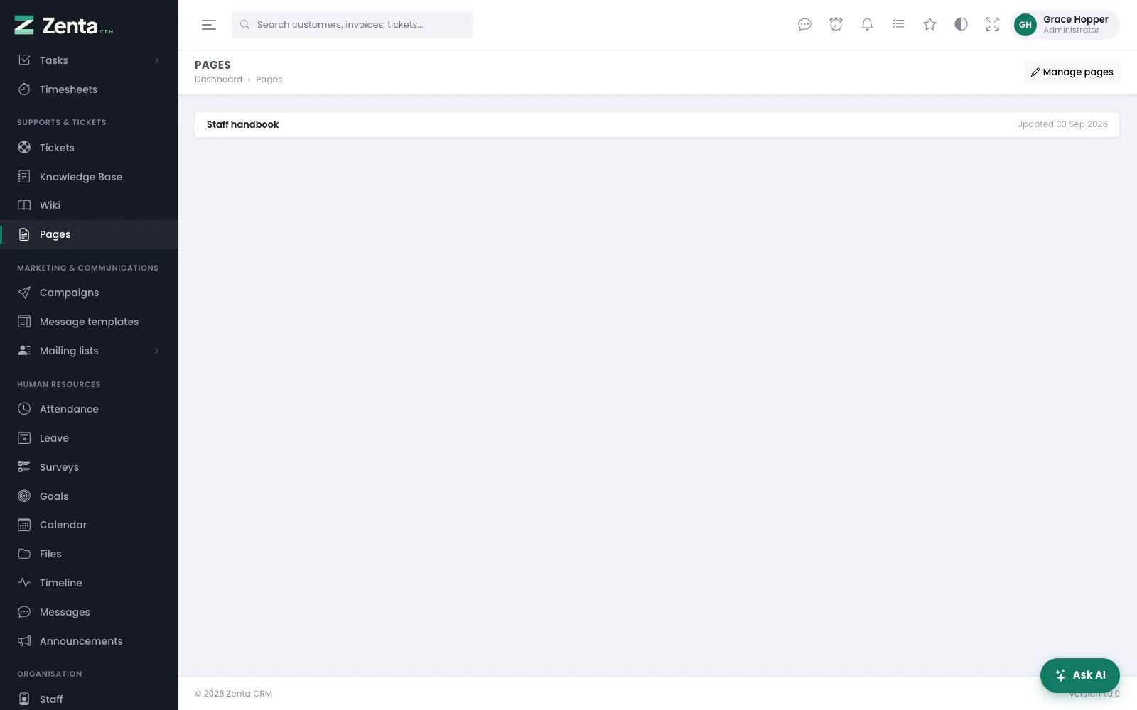 Pages in the staff menu: every published staff-only page.