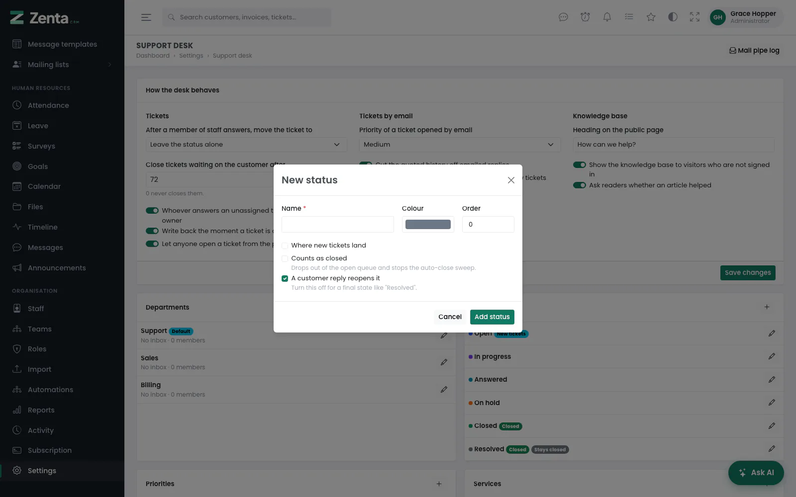 New status: a customer reply reopens it unless you untick it.