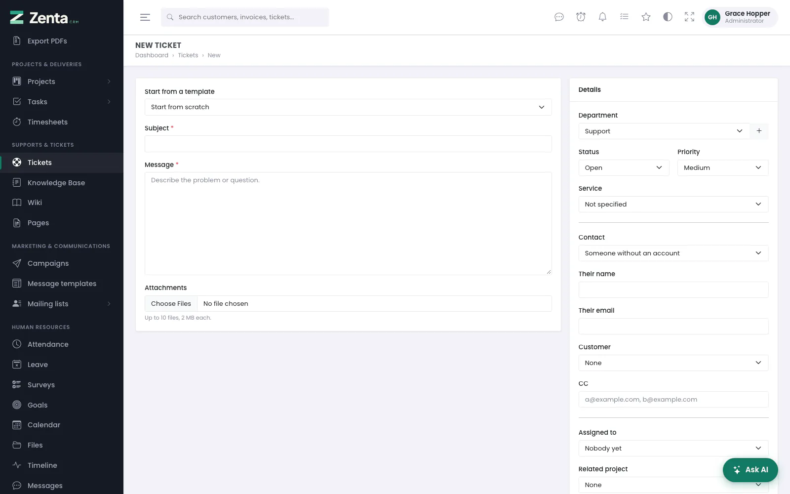 A new ticket: the message on the left, where it is filed on the right.