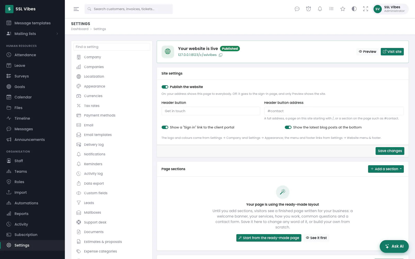 A workspace with no sections yet shows the ready-made page to visitors.