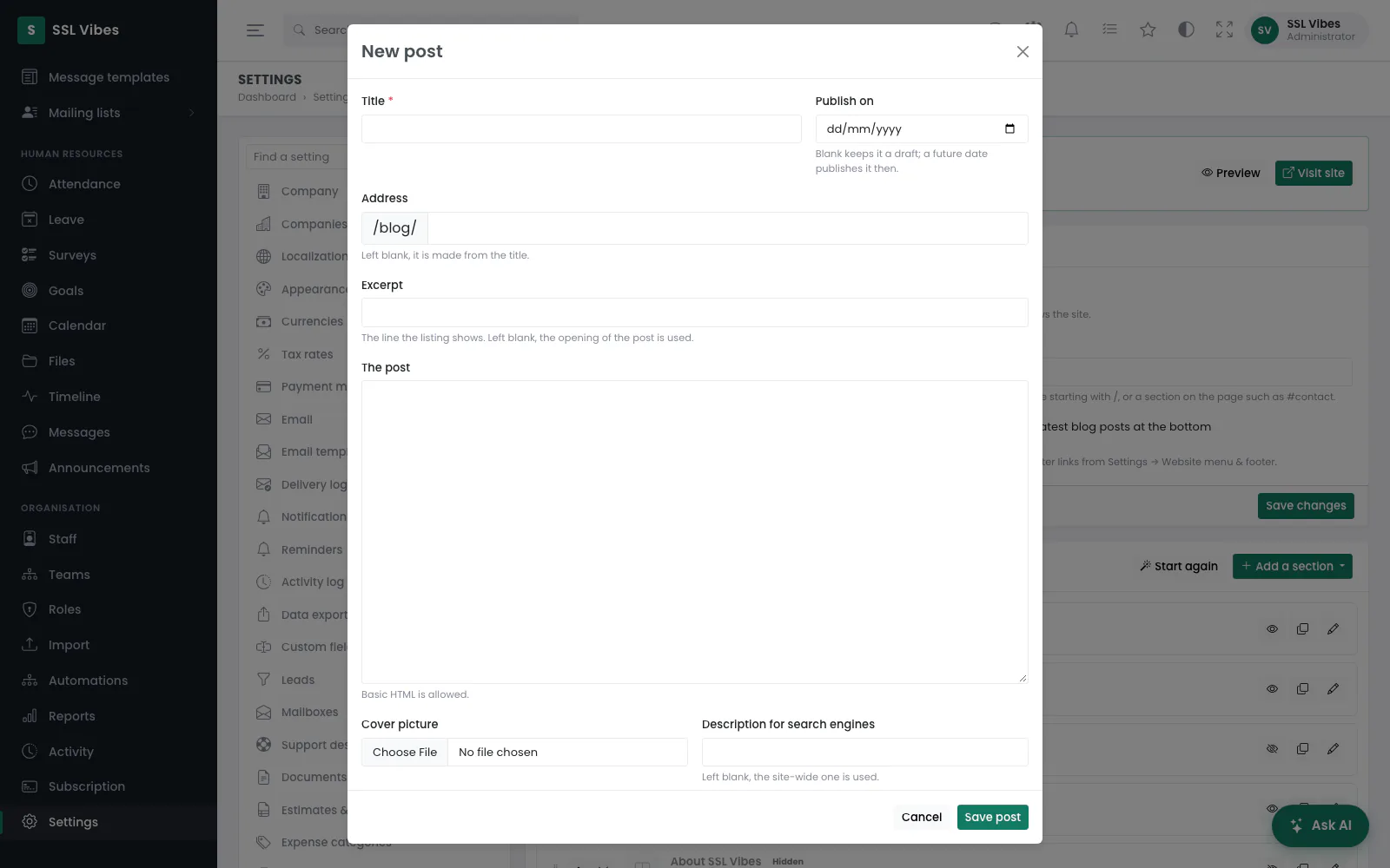 Writing a post. Leave Publish on blank to keep it a draft.