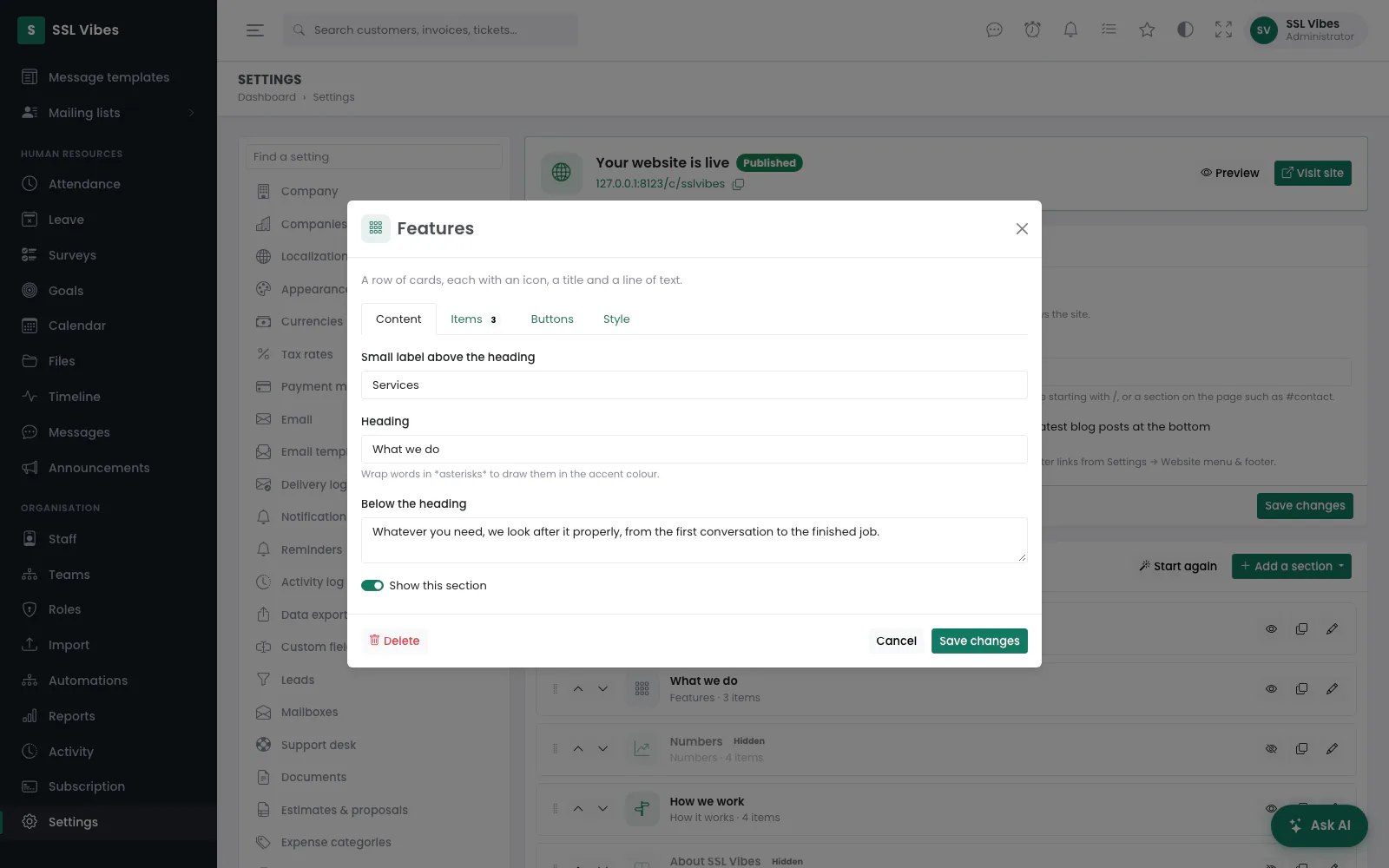 A section opens in a window with up to four tabs: Content, Items, Buttons and Style.