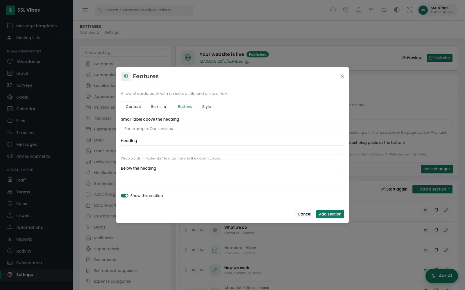 A new Features section, on its Content tab.