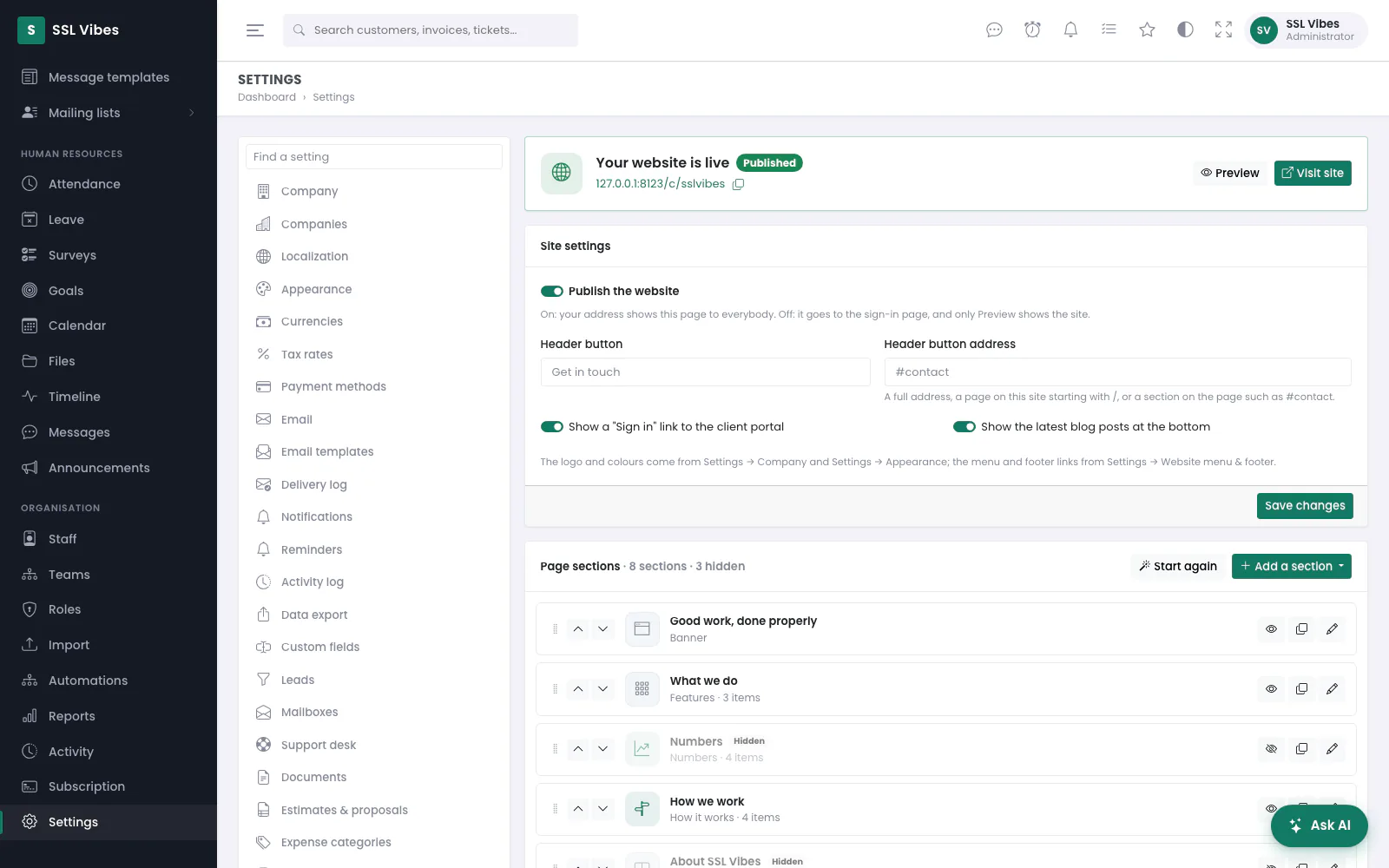 Settings → Website in a customer workspace: where the site stands, its settings, and its sections.