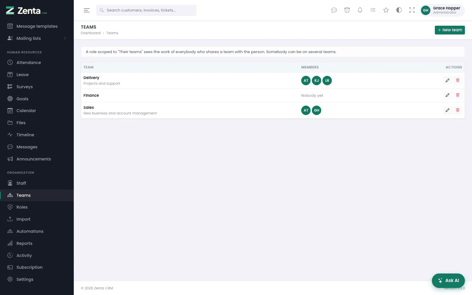 Organisation &rarr; Teams: each team with its description and its members, and New team.