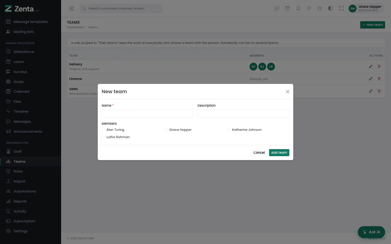 New team: a name, a description, and a box for each active member of staff.