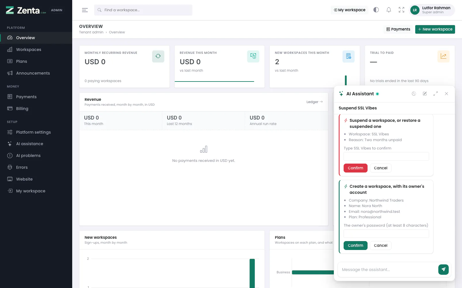 The platform's assistant: a workspace suspended only once its name is typed, and a new workspace whose owner's password goes in a box on the card.