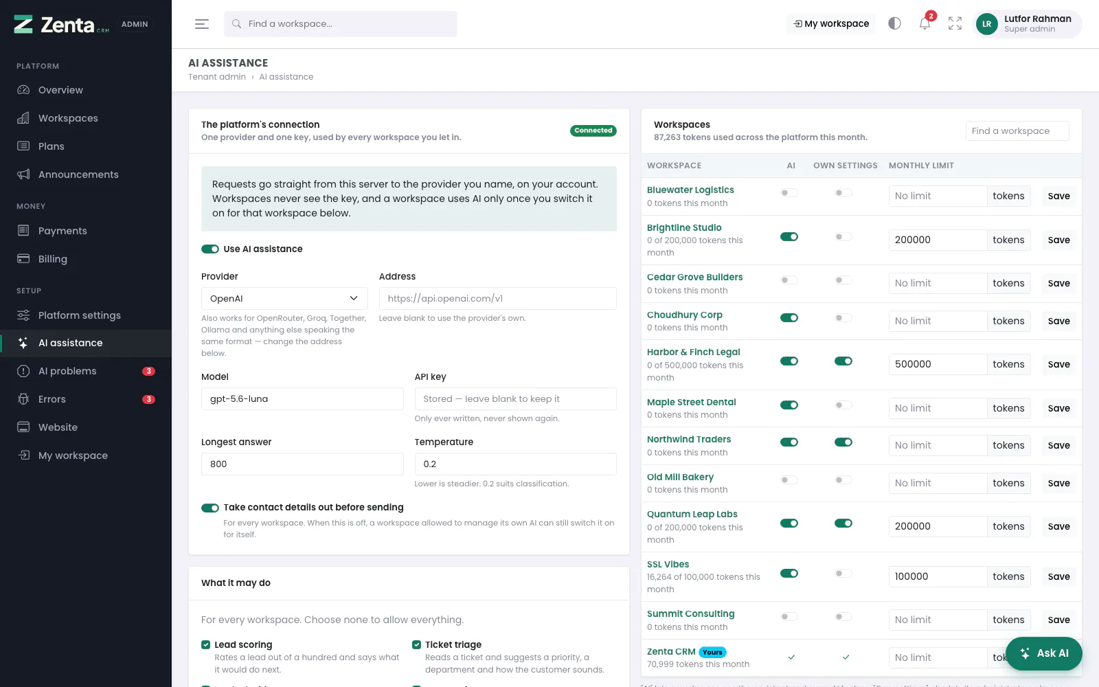 The AI connection on a SaaS install: one key, held by the super admin, and which workspaces may use it.