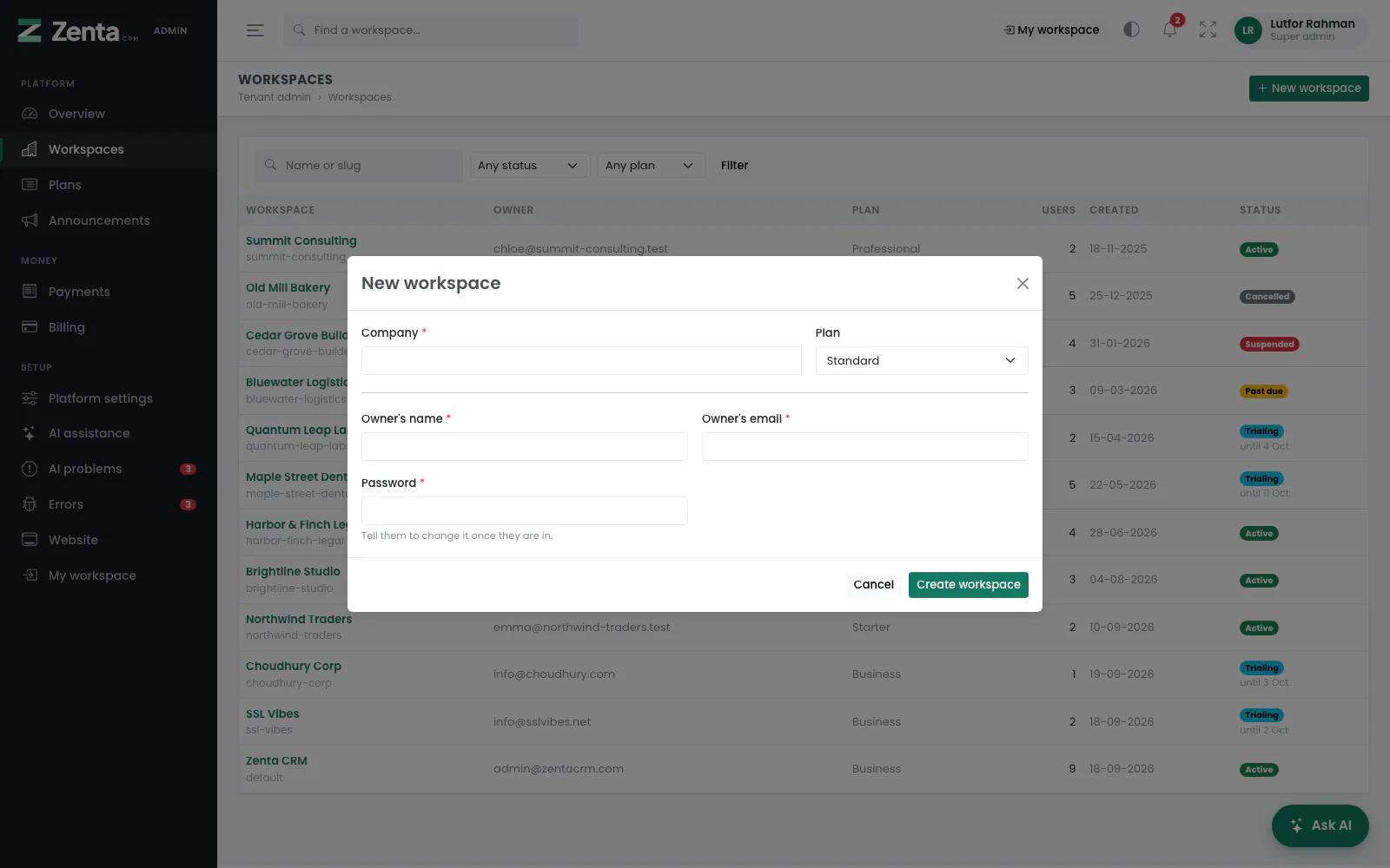 A new workspace: the company, its plan and the owner's account.