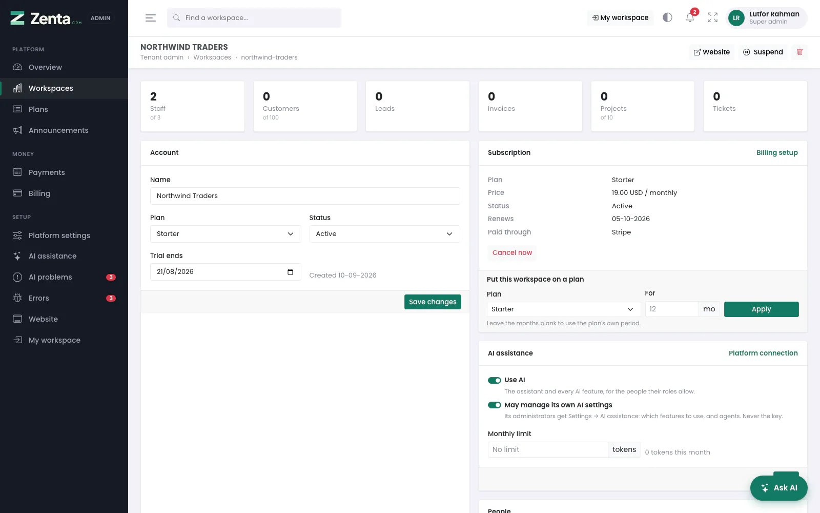 One workspace: what it uses against what its plan allows, its account, subscription, AI access and people.